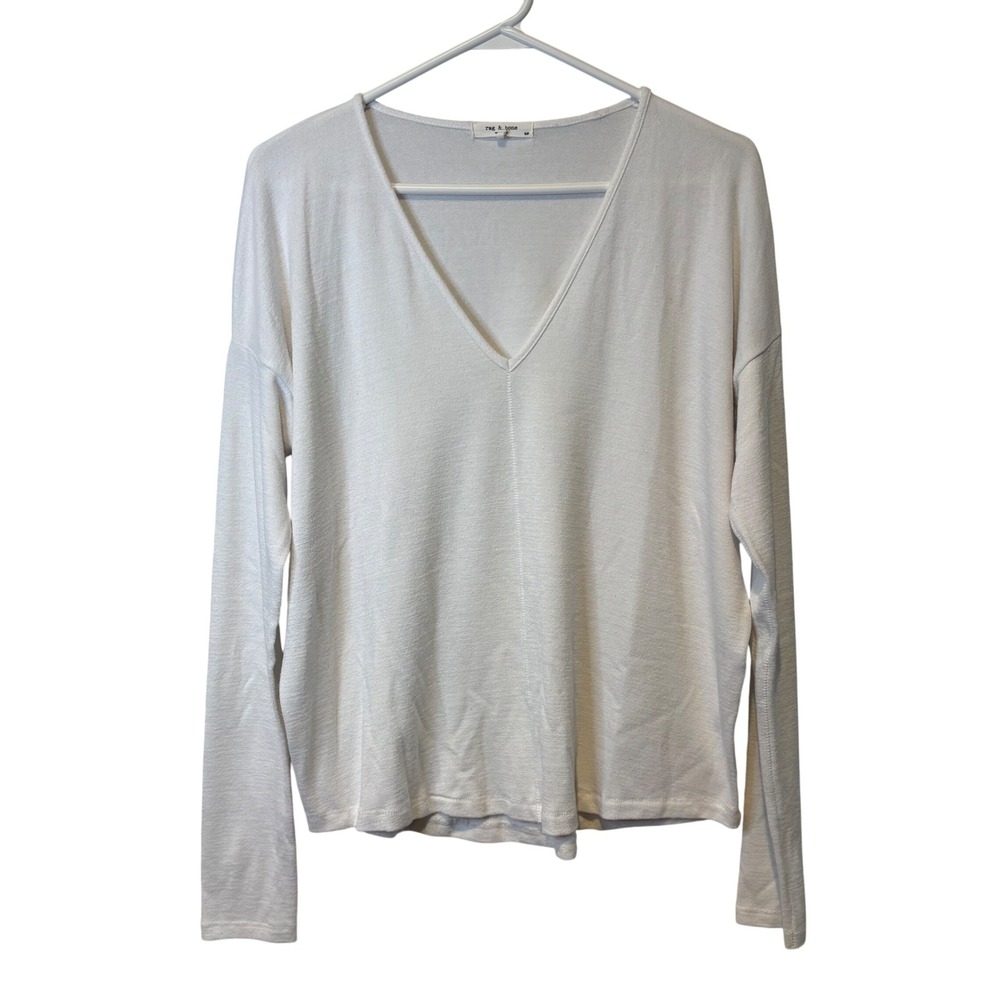 Rag & Bone White Long Sleeve V Neck Basic Knit Relaxed Top Shirt Womens Size S/P